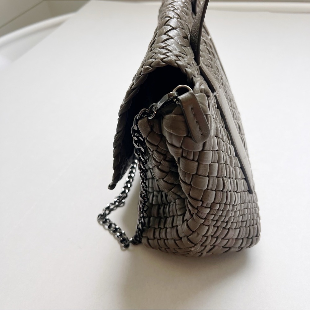 FALOR FIRENZE Italian Leather Woven Bag Purse Chain Taupe Gray Tone crossbody - Picture 5 of 6